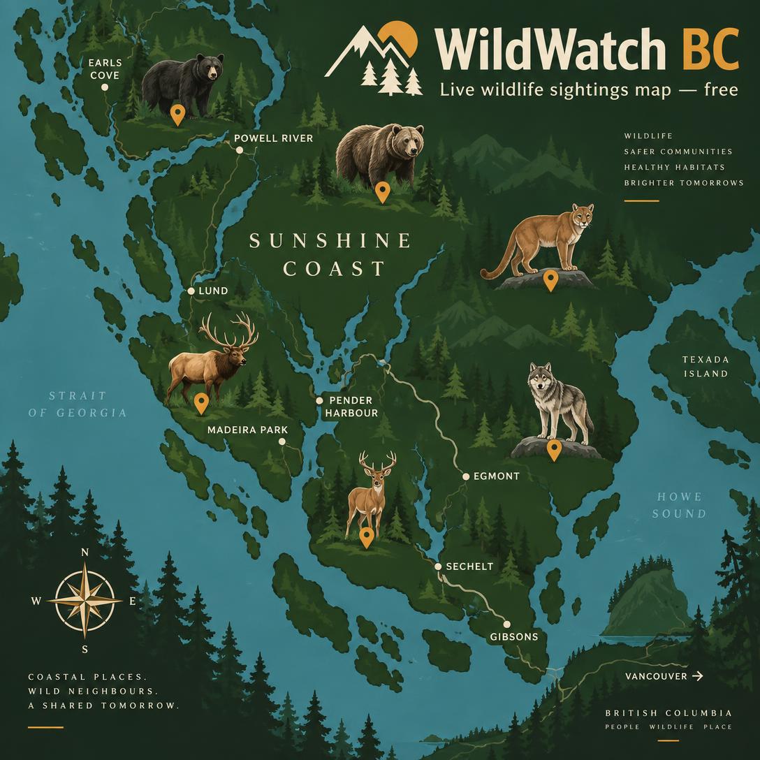 WildWatch BC — The app — wildlife sightings map, Sunshine Coast