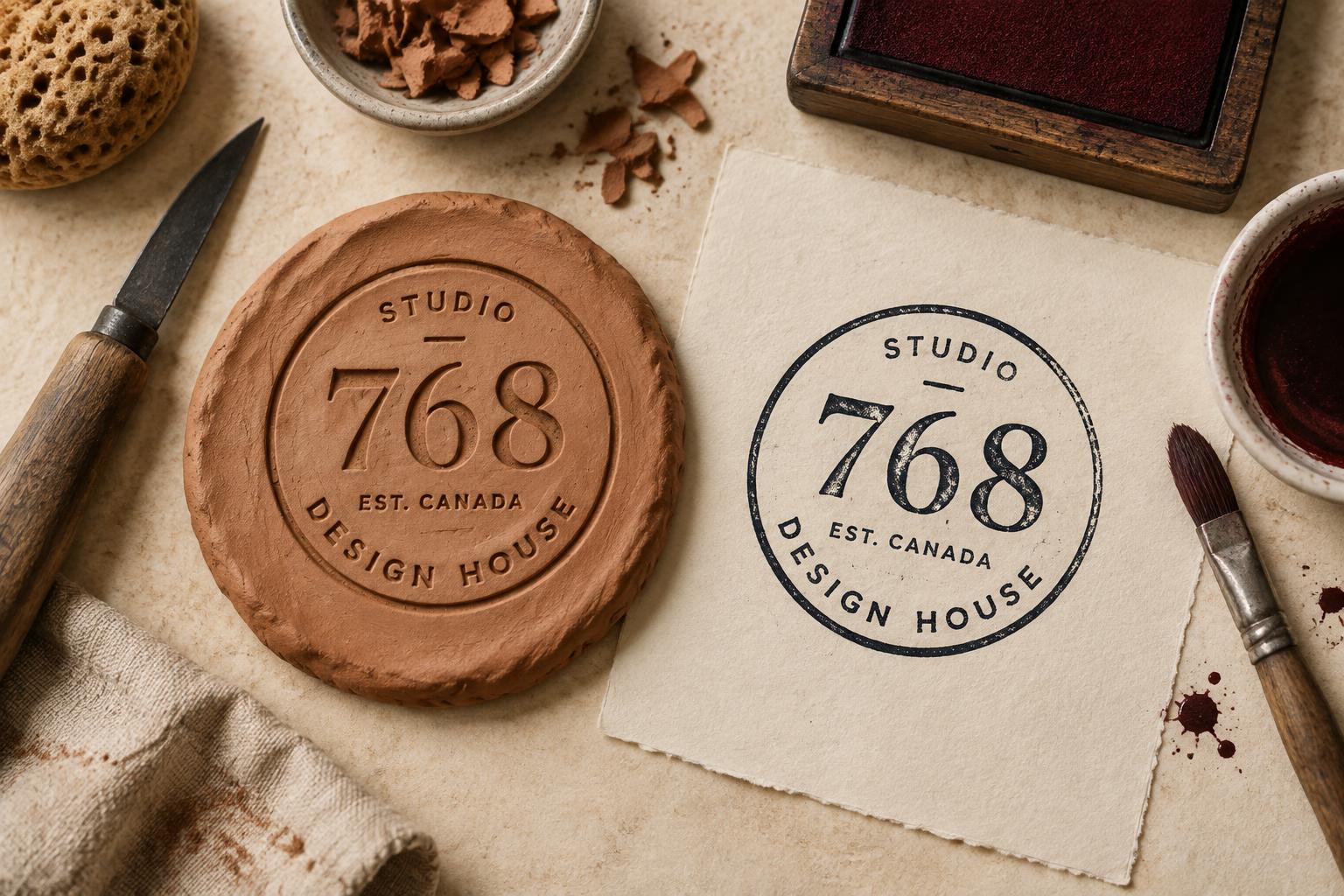 768 Design House — Clay stamp and ink proof — the seal pressed in clay, then printed in ink