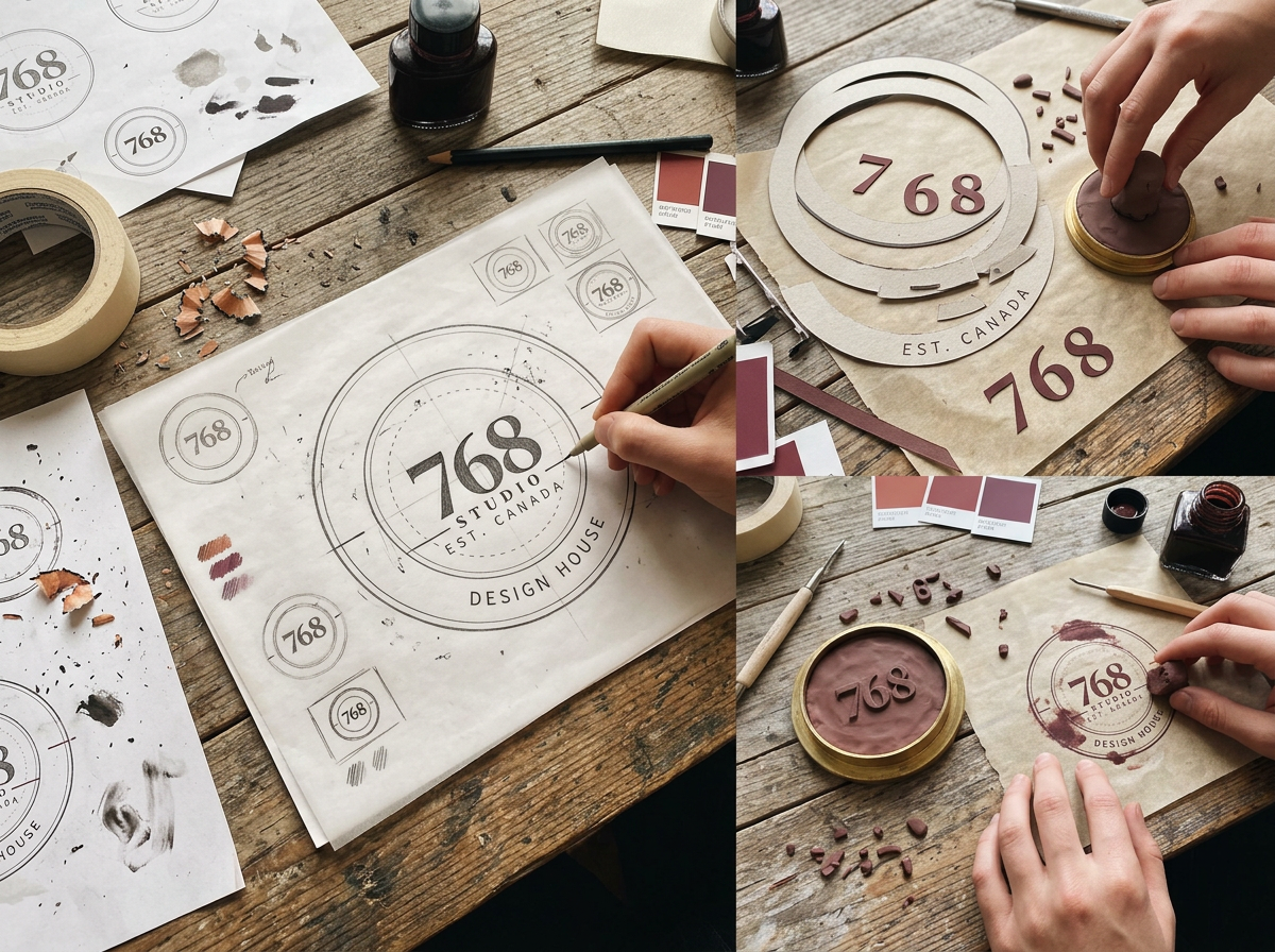 768 Design House — Concept study — drawing the seal, cutting its forms and pressing the clay stamp