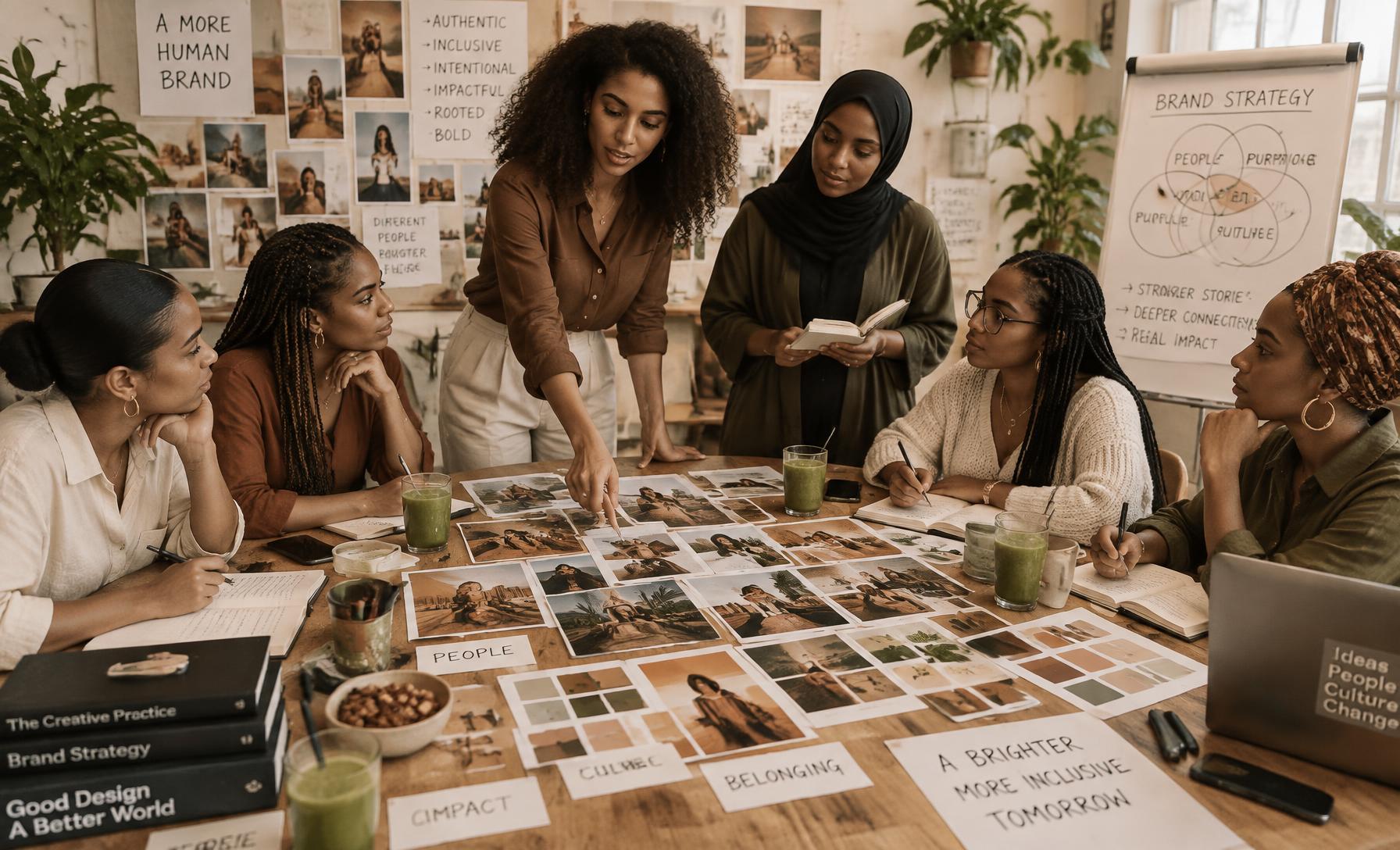 Six women around a boardroom table covered in printed photographs, taped word cards, sketches and notebooks, with a flipchart and green drinks