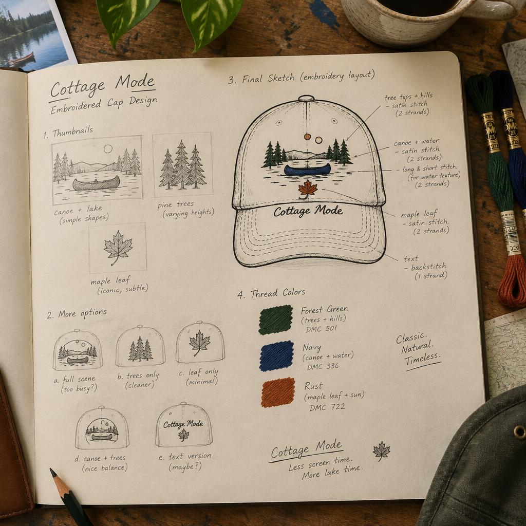 Cottage Mode & AAMUS — Sketching the cap — thumbnails, stitch notes and thread colours