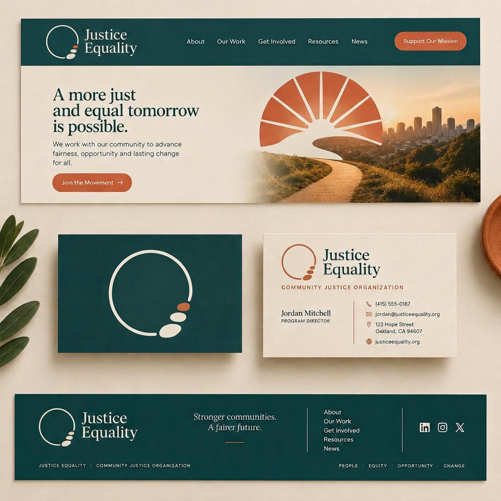 Justice Equality — The identity at work — website header, footer and business cards