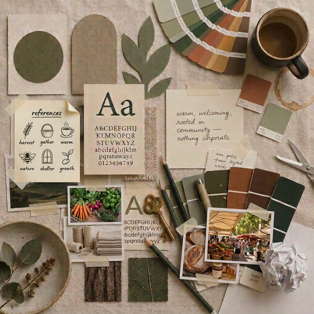 Gather — Shapes, words, typefaces, objects, feeling — the inspiration table.
