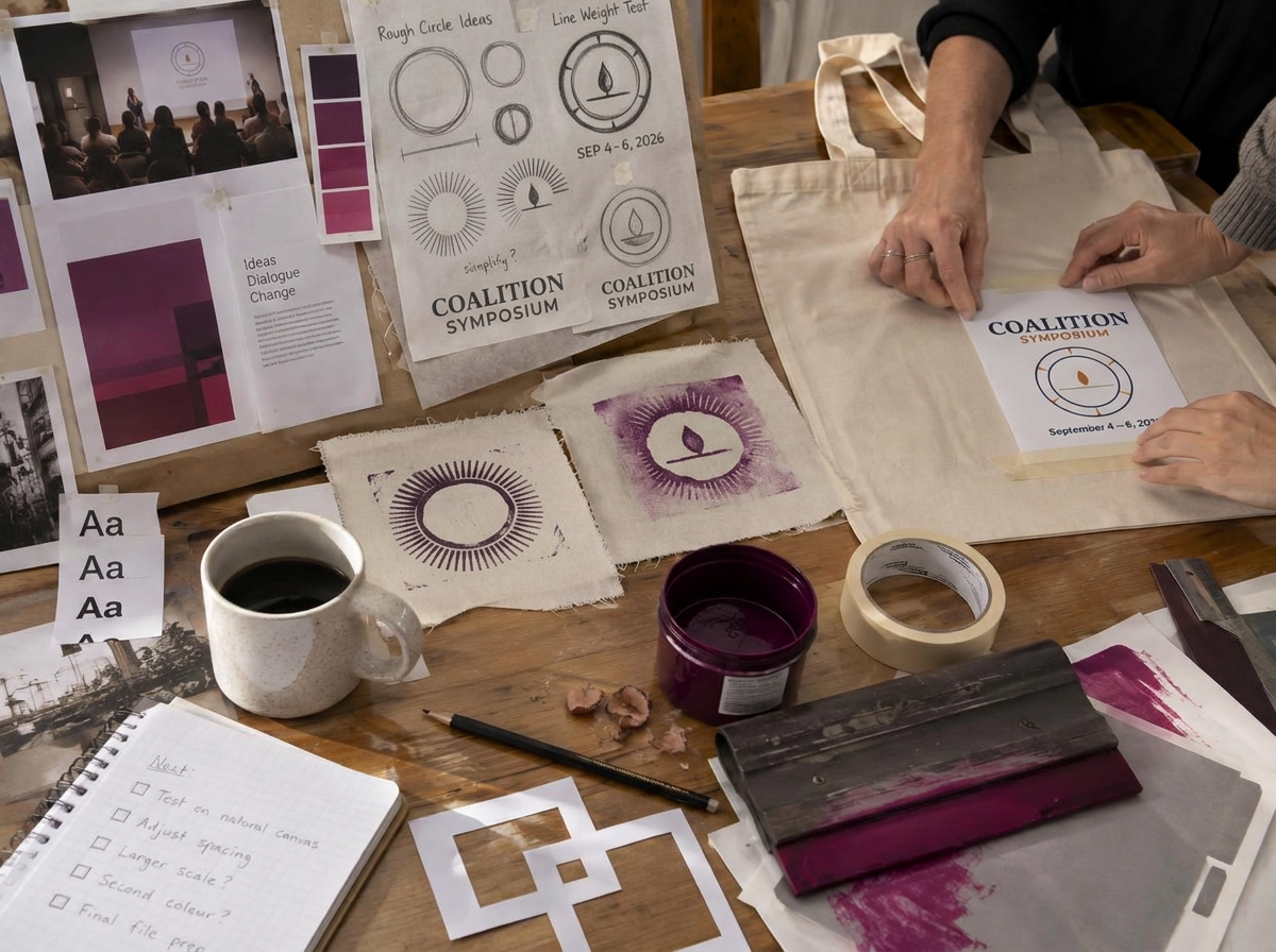 Coalition Symposium — Tote development study — seal sketches, ink proofs and placement