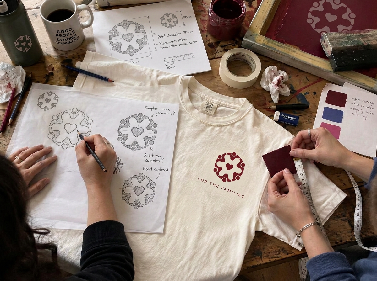 For the Families — T-shirt development study — symbol, placement and ink