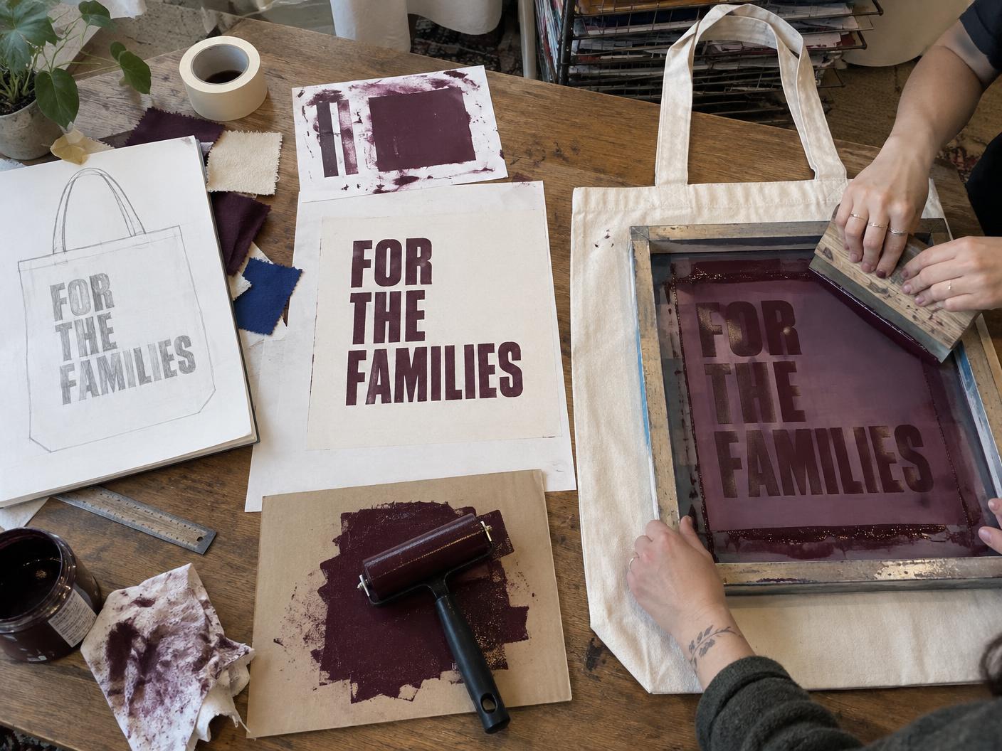 For the Families — Tote development study — type, stencil and screen print