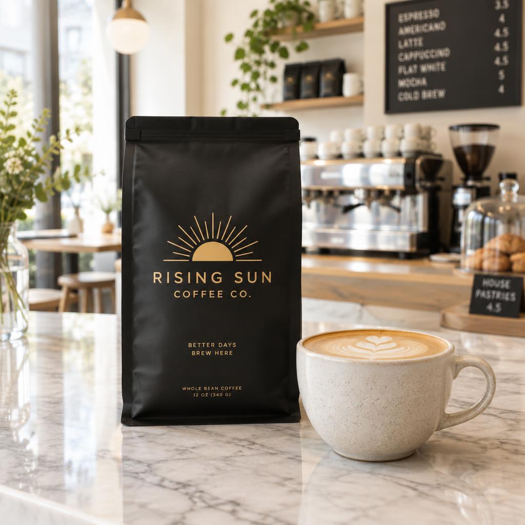 Rising Sun Coffee Co. — Final piece — matte black bag in the café