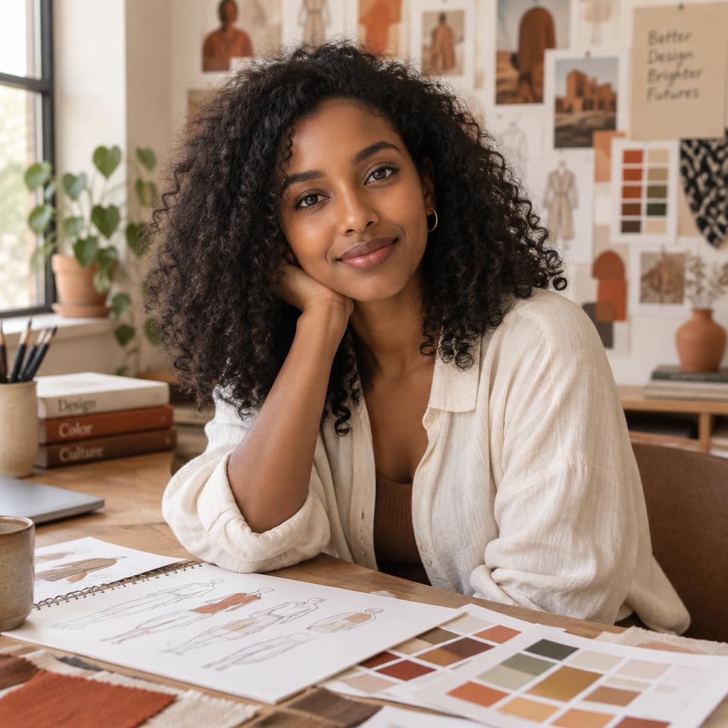 Portrait of the studio's designer — a creative artist at her studio table with sketches and colour swatches