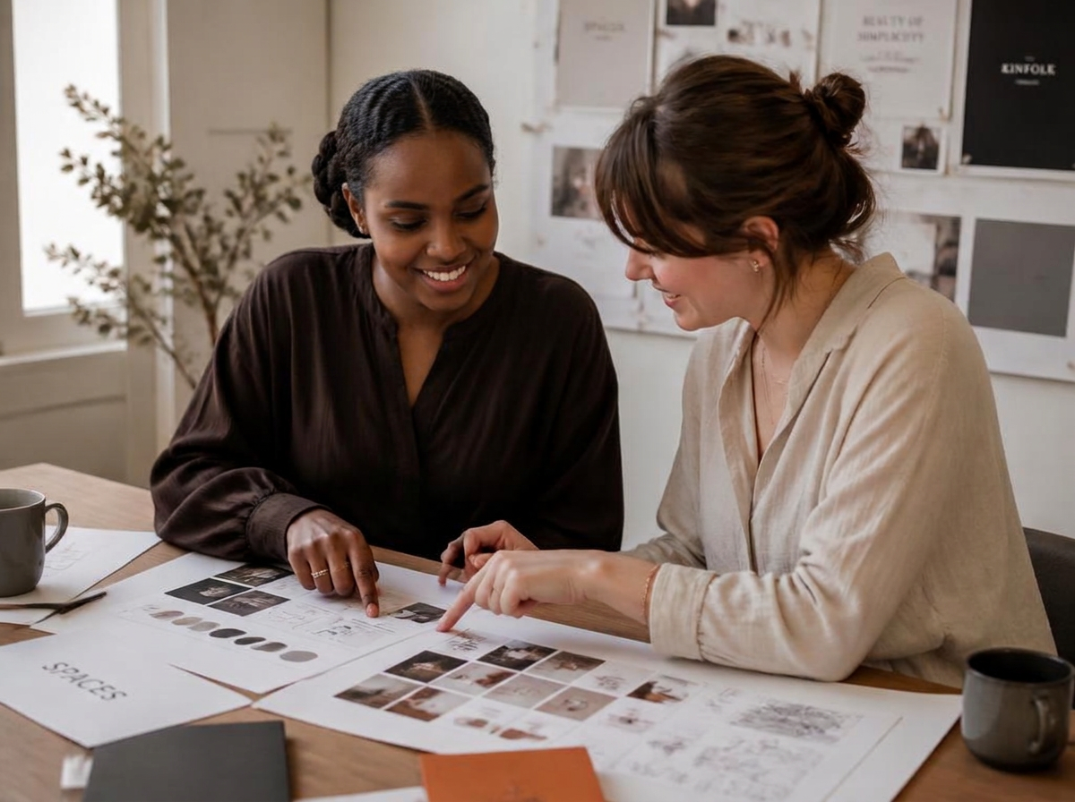 Two women of colour designers collaborating over brand materials at a studio table