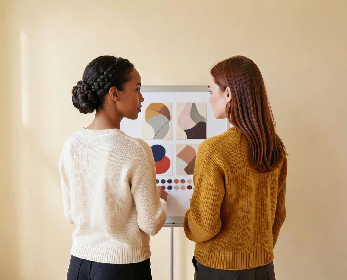 Close-up of two women's hands arranging brand collateral and color swatches