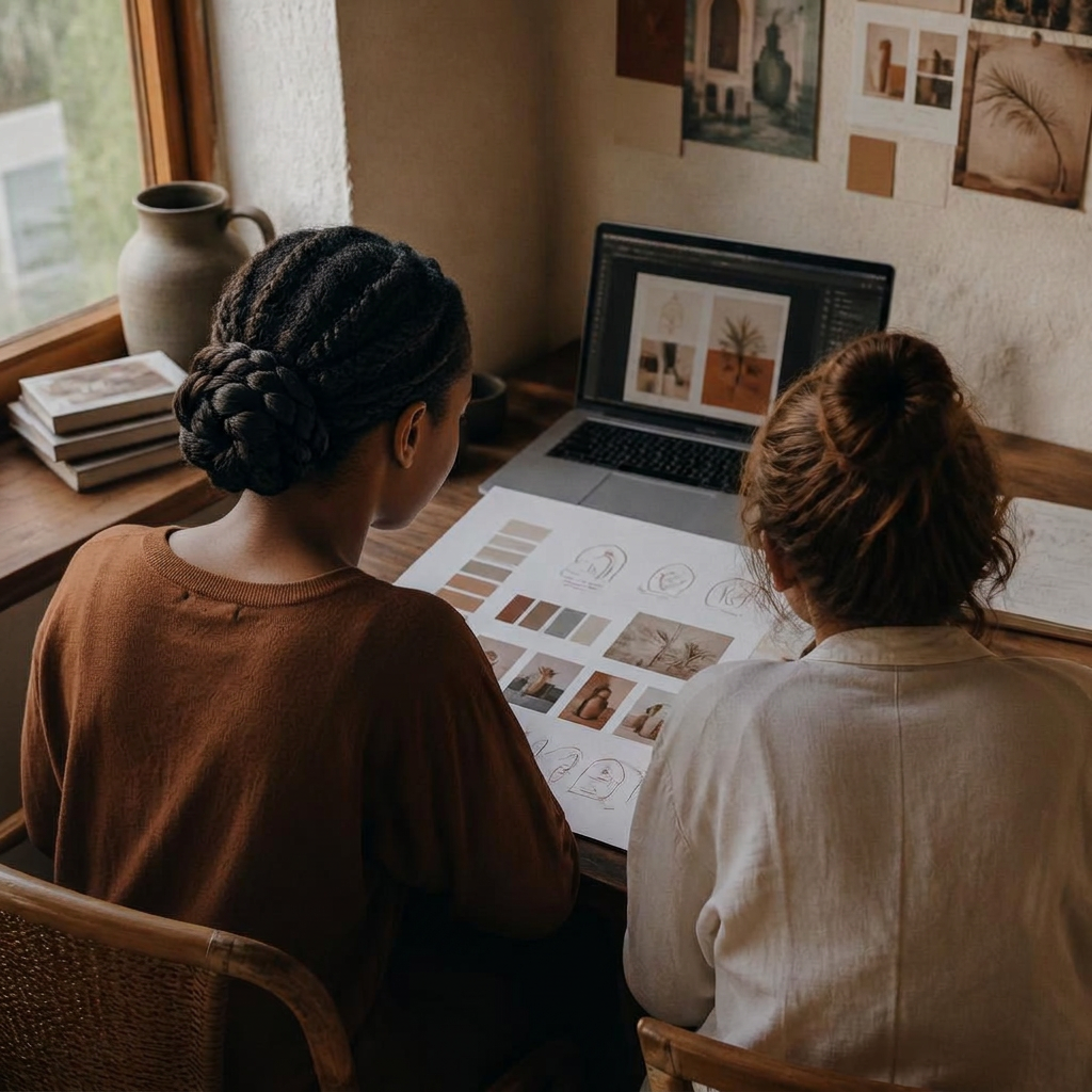 Two designers reviewing a brand identity mood board together at a studio desk