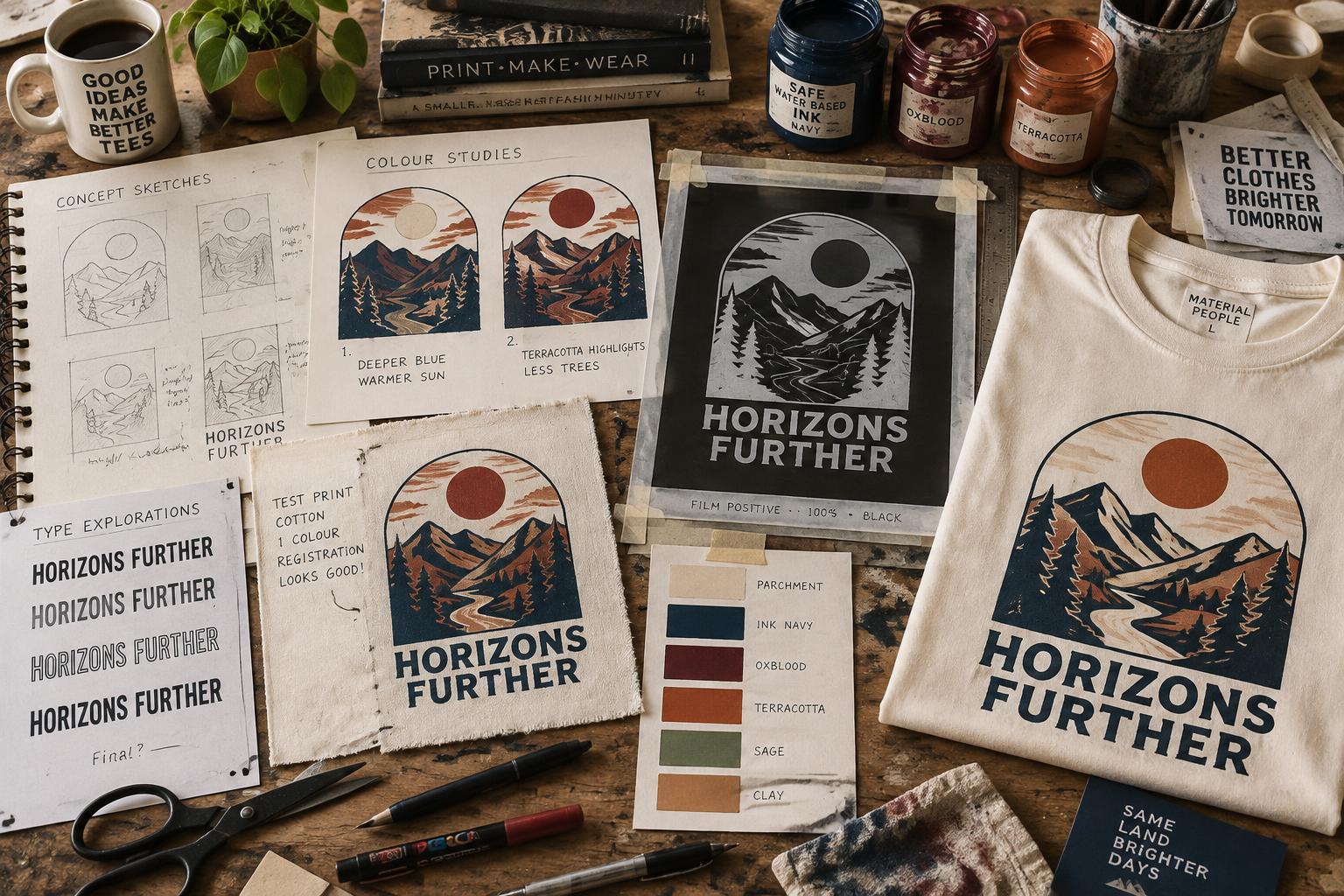 Wearable lines — Tee design time — sketches, colour studies, film positive and test print