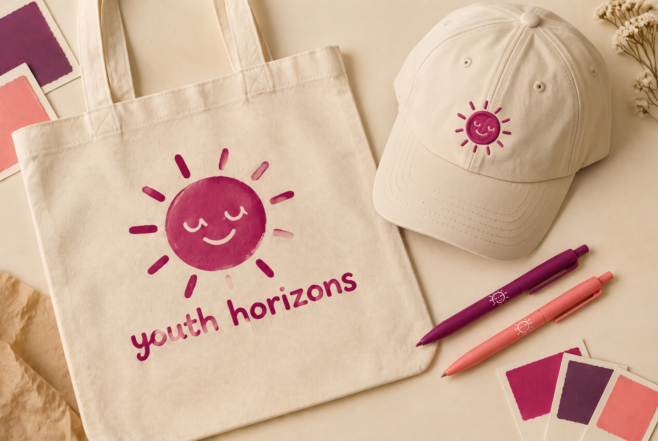 Youth Horizons — The brand in hand — tote bag, cap and pens carrying the smiling sun