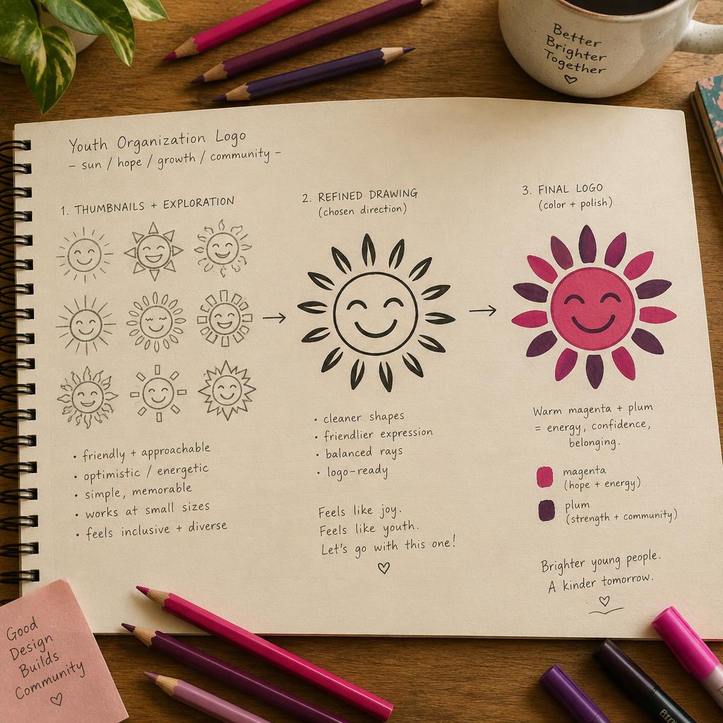 Youth Horizons — Drawing the logo — thumbnails, refined sketch, final mark