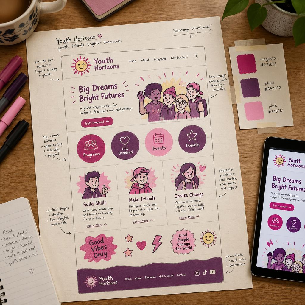 Youth Horizons — Drawing the website — the homepage wireframe by hand